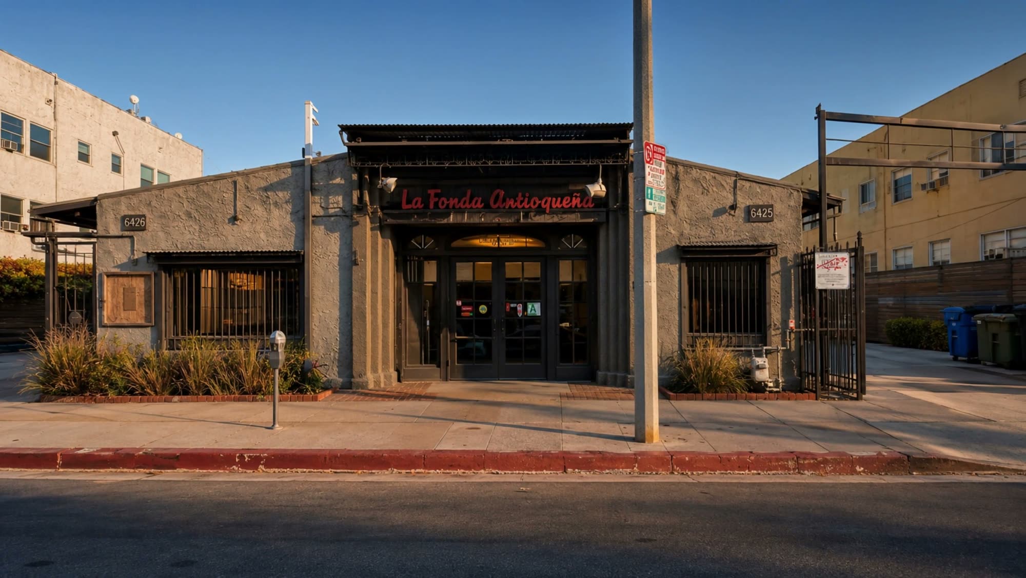 La Fonda Antioqueña storefront on Melrose Avenue at golden hour